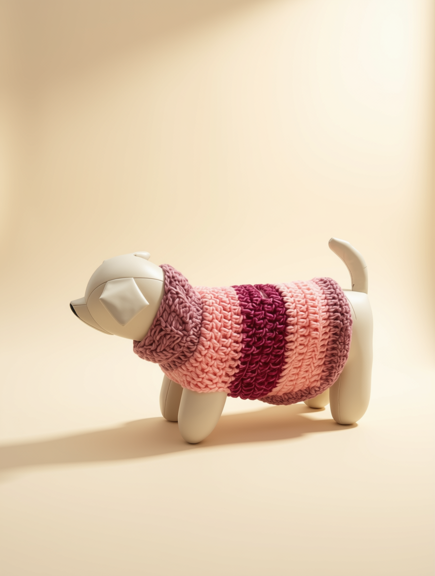 Blush-pink crochet dog sweater with a dark berry stripe displayed on a white dog mannequin