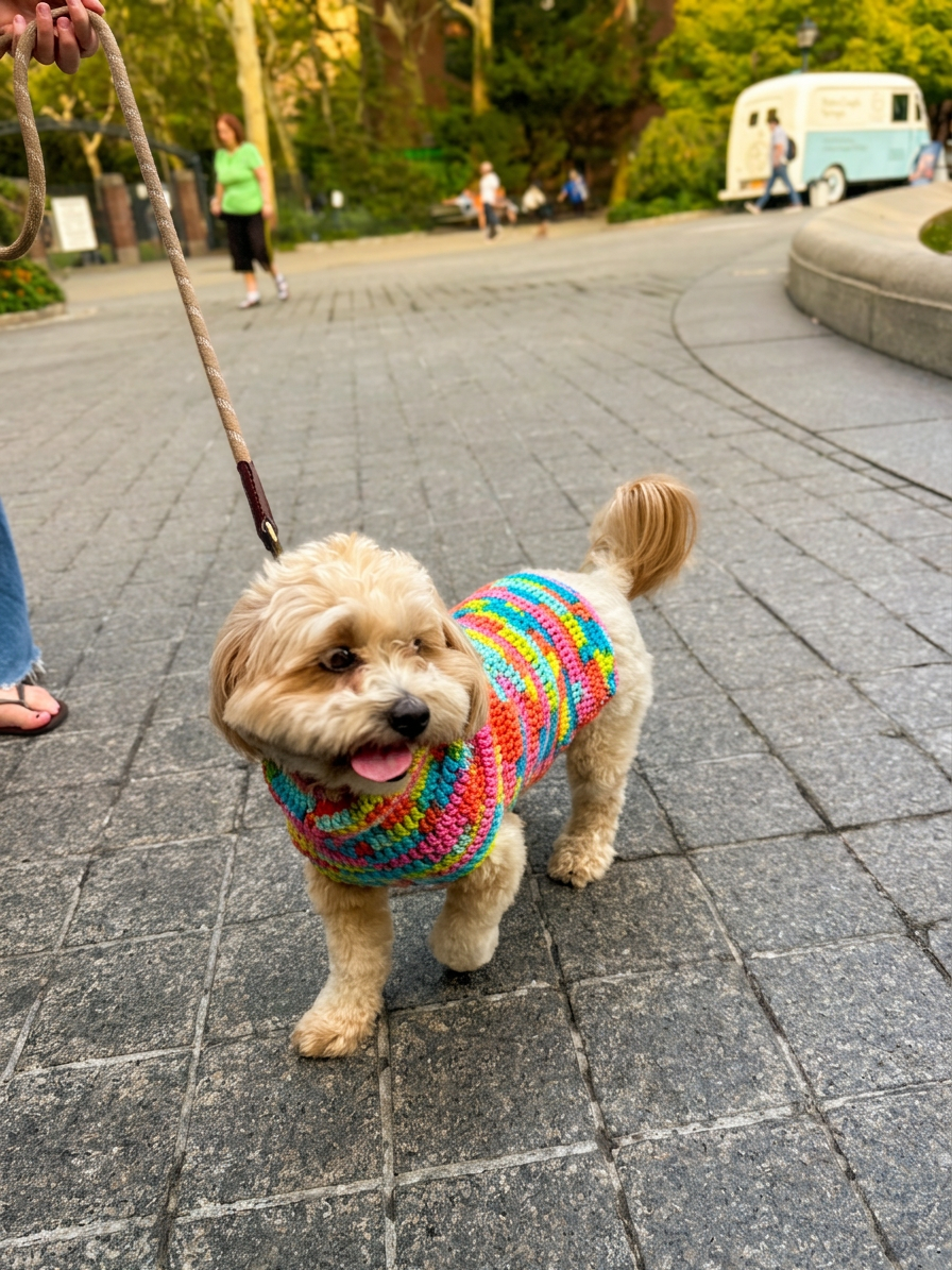 Small cream dog outdoors wearing a bright rainbow-striped crochet sweater