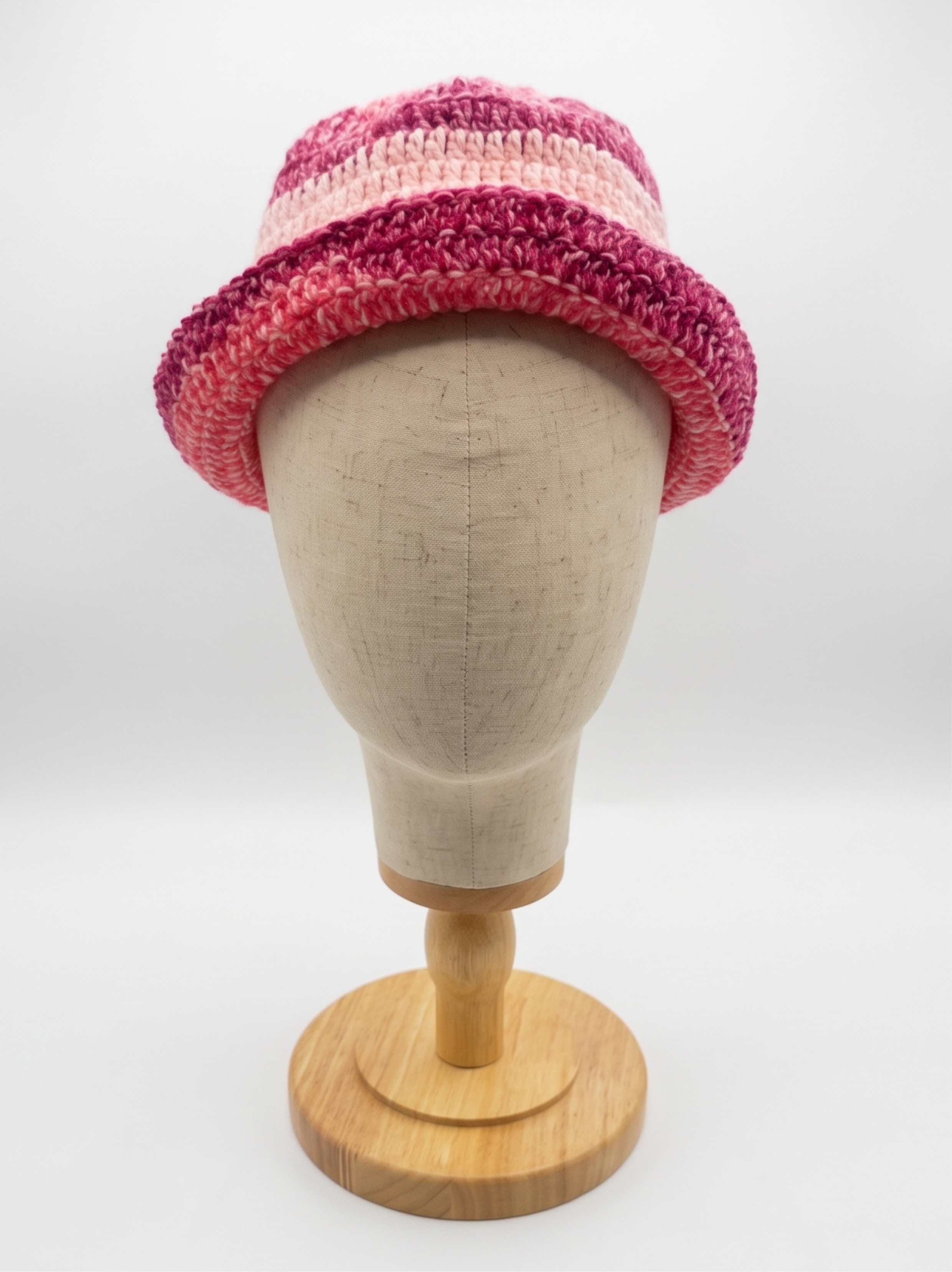 Pink and blush striped crochet rolled-brim bucket hat