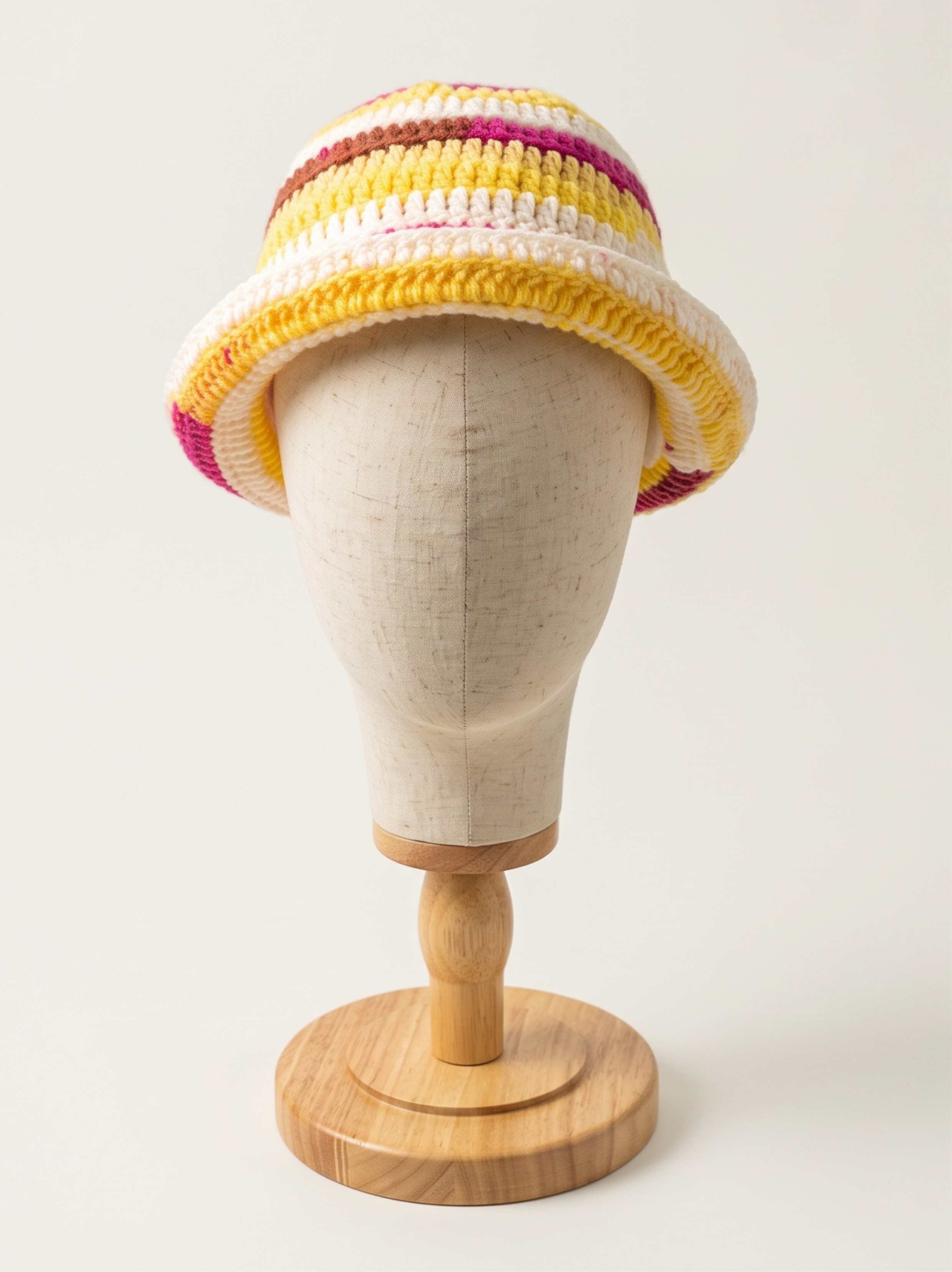 Yellow, pink, brown, and white spiral-striped crochet bucket hat